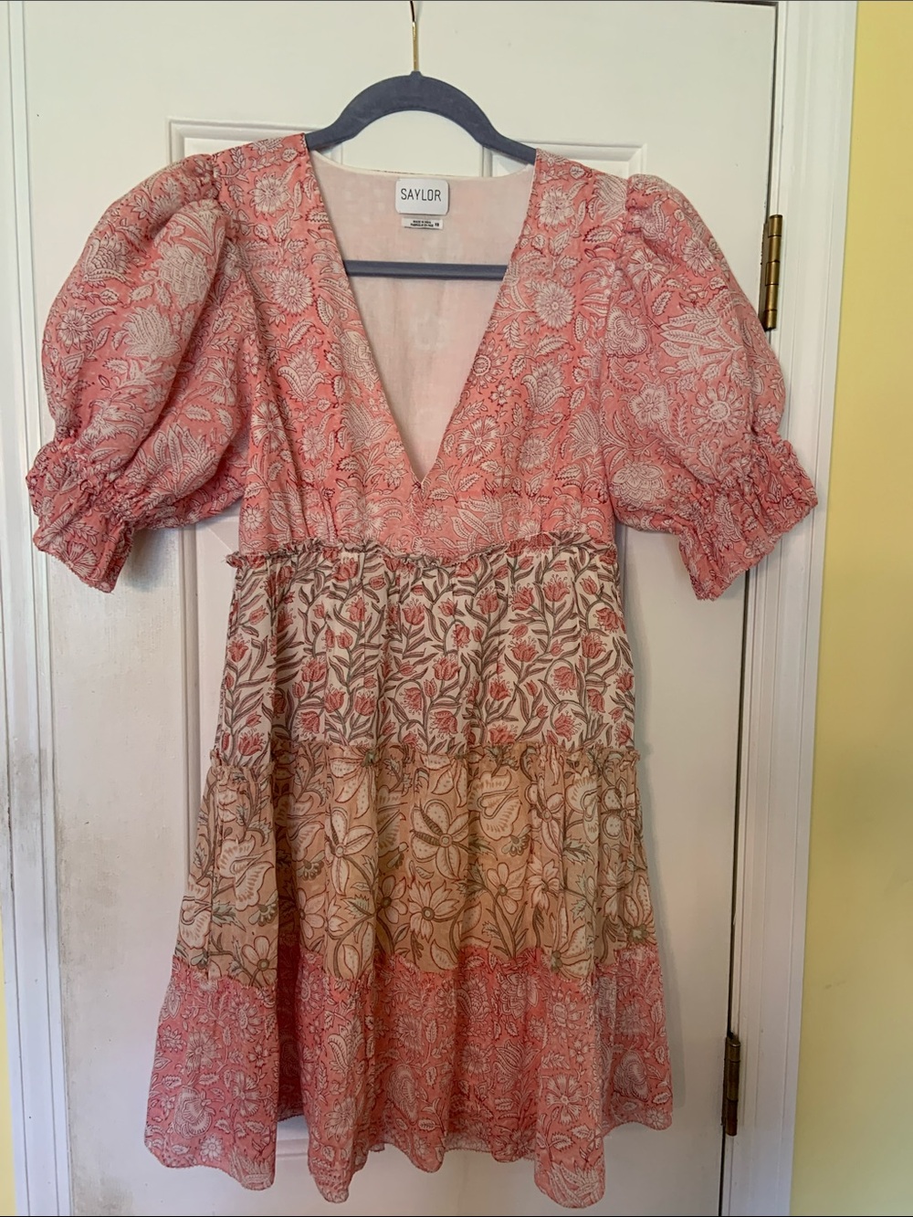 SAYLOR Leigha Floral Puff-Sleeve Tiered Mini Dress XS Boho Cottagecore